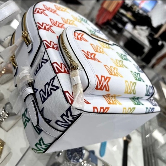 Michael Kors Backpack Jaycee Medium Jet Set MK Signature Rainbow Optic White NWT - Picture 6 of 12